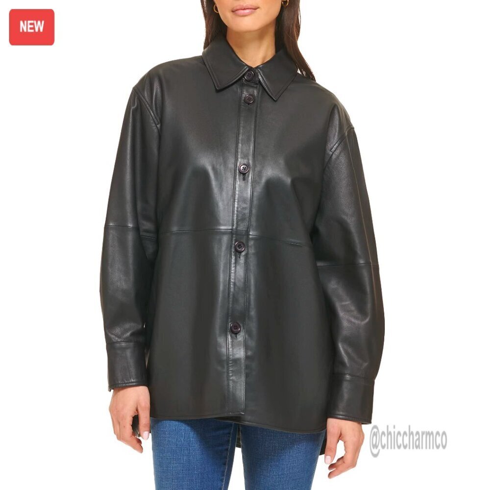 Leather Button Up Shirt Collar Shacket Coat